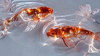 Orange koi fish swimming in clear water with white lotus flowers, glowing ethereal light effects create magical underwater atmosphere. Artistic nature composition.