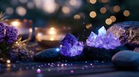 Purple amethyst crystals on dark stones with glowing candlelight and bokeh effects creating magical atmosphere for meditation and spiritual practices.