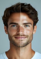 Close-up portrait of young Caucasian man with blue eyes and short beard smiling at camera, showing before and after photo retouching comparison on gray background.