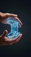 Male hands protecting glowing holographic gaming controller with futuristic blue light effects on dark background for technology and gaming concepts.