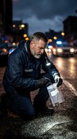 Forensic investigator collecting evidence at night crime scene with flashlight and evidence bag on urban street with police lights in background.