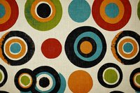 Retro circles pattern in mid-century modern style with teal, orange, and olive green on textured beige background. Geometric abstract design for home decor and fabric.