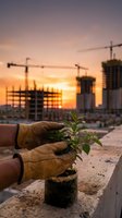 Worker in brown leather gloves holding seedling plant on construction site at sunset with cranes and unfinished buildings in background, symbolizing growth and development.