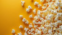 Fresh popcorn scattered on vibrant orange background, perfect for cinema, entertainment and food industry designs, creating dynamic diagonal composition.