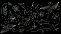 Elegant line art botanical elements with flowing leaves, flowers and decorative swirls on black background. Hand drawn floral design for modern graphics.