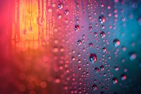 Water drops on glass surface with vibrant red and blue gradient background creating dreamy bokeh effect and abstract macro photography composition.
