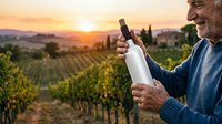 Senior male winemaker holding wine bottle at sunset over vineyard landscape. Mature man in blue shirt displaying red wine with rolling hills and grapevines in background during golden hour.