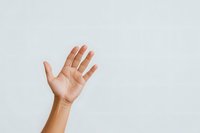 Raised open palm of Asian person showing empty hand against light background, minimal composition for business, education or social concepts.
