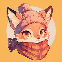 Cute cartoon fox character wearing winter knit hat and striped scarf against orange background, stylized with large expressive eyes and soft color palette.