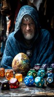 Mysterious hooded wizard with beard holding magical orb surrounded by colorful dice in fantasy gaming setting for tabletop RPG adventures.