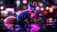 Mystical fox silhouette illuminated by neon lights in urban night setting with bokeh effects and water reflections creating magical atmosphere on wet street.