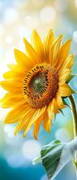 Vibrant yellow sunflower bloom against soft turquoise bokeh background, showing detailed center pattern and petals in morning light. Macro photography style.