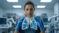 Female healthcare professional with digital lung hologram in modern medical facility showcasing respiratory health technology and diagnostic innovation.