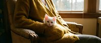 Young white cat resting on lap of person wearing mustard yellow sweater by window with natural light, cozy home setting, pet companionship and comfort.