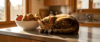 Tabby cat resting on kitchen counter next to bowl of fresh apples in warm sunlight, cozy home interior setting.
