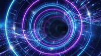 Glowing neon circles with digital grid pattern and tech data particles create futuristic tunnel effect. Use for technology, innovation, cybersecurity, digital transformation, sci-fi backgrounds.