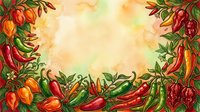 Colorful hot peppers and chili peppers frame a warm watercolor background, perfect for food packaging, recipe blogs, cooking websites, and culinary designs.