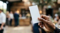 Hand holding blank white card at outdoor event with blurred crowd in background, suitable for mockup, advertising, and promotional material designs.