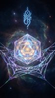 Mystical sacred geometry with glowing icosahedron and ornate symbol floating in cosmic space with nebula and stars for spiritual meditation designs.