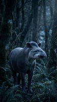 South American tapir standing in misty rainforest among moss-covered trees and ferns during twilight hours for wildlife and nature conservation content.