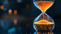 Glowing hourglass with golden sand particles against dark background with bokeh lights, symbolizing time management and deadline concept for business designs.