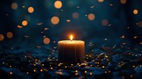 Glowing candle flame against dark background with magical bokeh lights and sparkles creating atmospheric mood for meditation and spirituality.