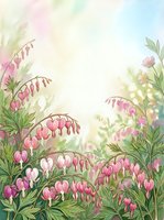 Watercolor garden scene with pink bleeding heart flowers and lush green foliage, soft pastel background with warm light glow.