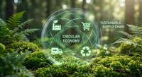 Circular economy concept with sustainable supply chain icons in transparent sphere over green moss and ferns in natural forest environment.