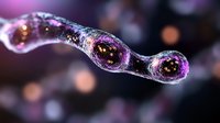 Microscopic view of dividing cell in purple and pink tones showing mitosis process against dark background with bokeh effect. Scientific cellular biology concept.