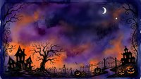 Spooky Halloween night scene with haunted houses, bare trees, cemetery gates and jack-o-lanterns under crescent moon and starry purple orange sky.