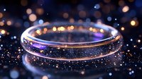 Glowing wedding ring with magical sparkles and bokeh lights on dark background creates romantic atmosphere for wedding and engagement designs.