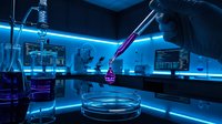 Robotic arm dispensing purple liquid into petri dish in modern laboratory with neon blue lighting and scientific equipment.