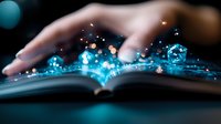 Magical glowing particles rise from open book pages with hovering hand in dark setting, creating ethereal atmosphere with blue light effects and sparkles.