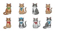 Four sitting cats wearing colorful collars and accessories, isolated on white background. Cartoon style feline characters suitable for children's designs, pet-related graphics, t-shirts, and clipart applications.