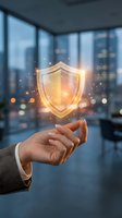 Businessman hand holding glowing digital shield icon in modern office representing cybersecurity, data protection and business security solutions.
