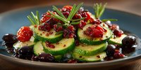 Grilled zucchini rounds topped with goat cheese, sun-dried tomatoes and fresh herbs on rustic plate. Healthy Mediterranean appetizer for summer dining.