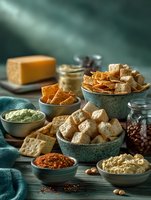 Crispy crackers and croutons in ceramic bowls with various dips, cheese, and spices on wooden table against teal background.