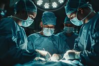 Team of diverse surgeons performing operation in dark operating room with surgical lights, wearing protective masks, caps and sterile gowns during procedure.