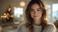 Young woman with wavy brown hair wearing cozy knit sweater smiles warmly at camera against soft bokeh background with warm holiday lights and natural window lighting.