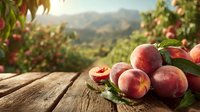 Fresh ripe peaches with green leaves on rustic wooden table overlooking orchard and mountains at sunset, perfect for food packaging design.