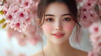 Young Asian woman with natural makeup smiling gently among blooming pink cherry blossoms, soft dreamy portrait with delicate spring mood and blurred background.
