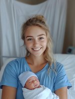 Young Caucasian mother in blue medical scrubs holding sleeping newborn baby wrapped in white swaddle blanket, genuine smile expressing joy of motherhood against light background.