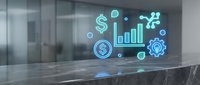 Holographic financial icons floating above marble surface in modern office with glass walls showing growth charts and dollar symbols for business presentations.
