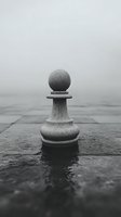 White chess pawn piece standing alone on wet surface in moody atmospheric fog, dramatic black and white photography with shallow depth of field.