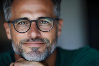Confident mature man with gray hair and beard wearing glasses smiles warmly while resting chin on hand. Professional headshot against dark background.
