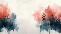 Atmospheric watercolor landscape with coral pink and deep teal tones featuring silhouetted foliage reflections, creating a dreamy minimalist nature scene for wall art and design.