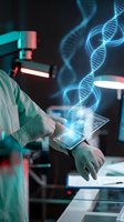 Scientist using digital tablet with holographic DNA helix projection in modern laboratory for genetic research and biotechnology applications.