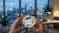 Hands holding glowing globe with gears inside, cityscape visible through office windows at dusk, representing innovation, technology, and business growth strategy.