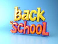 Yellow and pink back to school text on light blue background with soft shadows and glossy 3d effect, modern typography design for education season promotions.