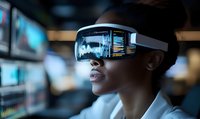Young African American woman wearing futuristic virtual reality headset with digital displays reflecting in lens, surrounded by technology screens.